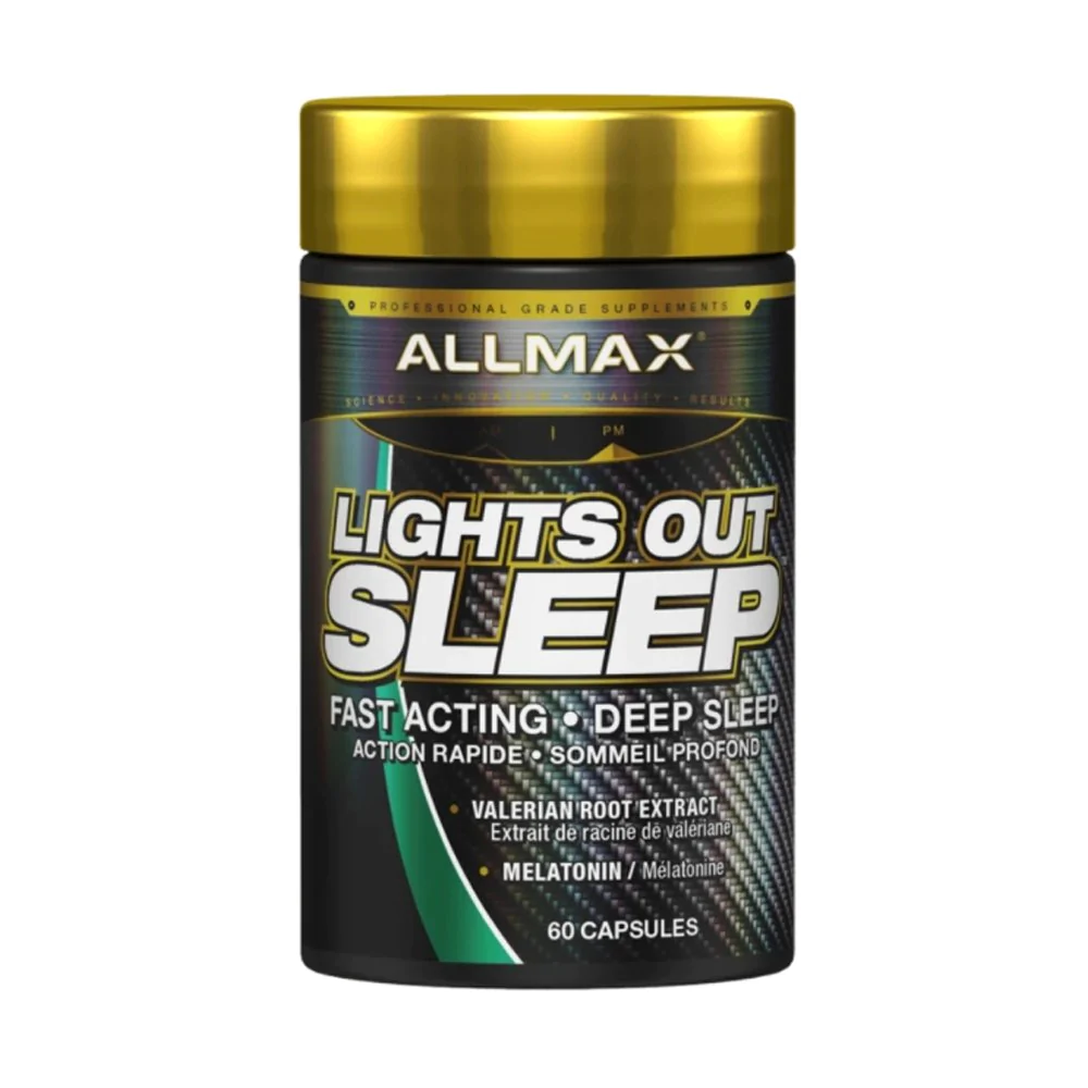 Allmax Lights Out Sleep 60 Cap bottle, promoting deep sleep with ingredients like Vitamin B6, Melatonin, and Valerian Root for enhanced recovery and performance.