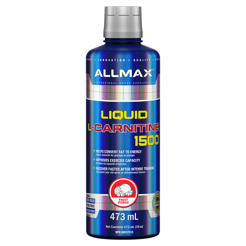Allmax Liquid L-Carnitine 31 Serv bottle, featuring a blue design with a silver cap, offering 1,500 mg L-Carnitine per serving for efficient fat transport.