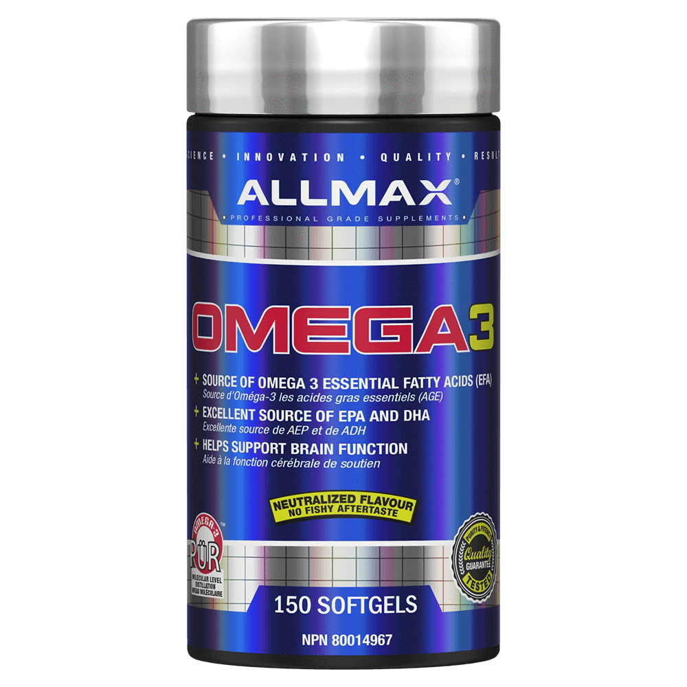 Allmax Omega 3 180 Soft Gel container, featuring a blue and silver design, offers high-concentration fish oil for brain and heart health support.