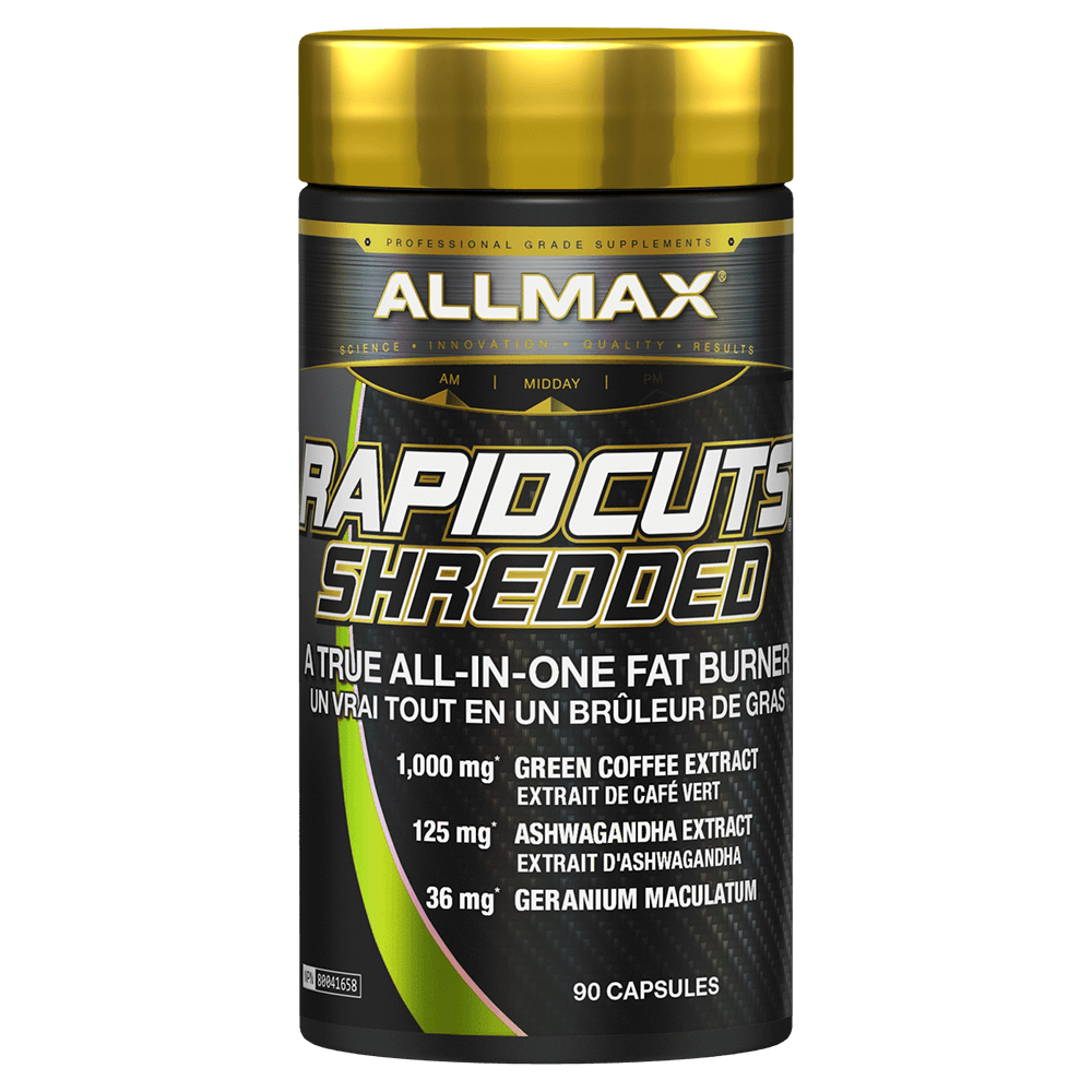 Rapidcuts Shredded 90 Cap: Black and gold bottle with white text, designed for extreme fat loss, featuring advanced thermogenic formula.
