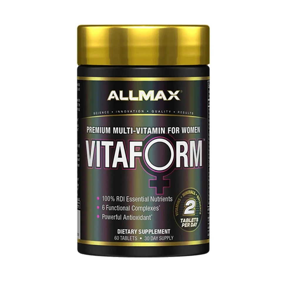ALLMAX Vitaform Women's Multi 30 serv in a black and gold container, formulated to support women's health with vitamins, minerals, and phyto-nutrients.