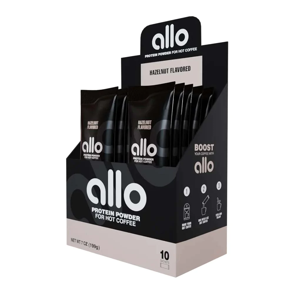 Allo Protein Coffee Flavour Single Pouch, a black and white package, offers a seamless protein mix for hot beverages, enhancing fitness nutrition effortlessly.