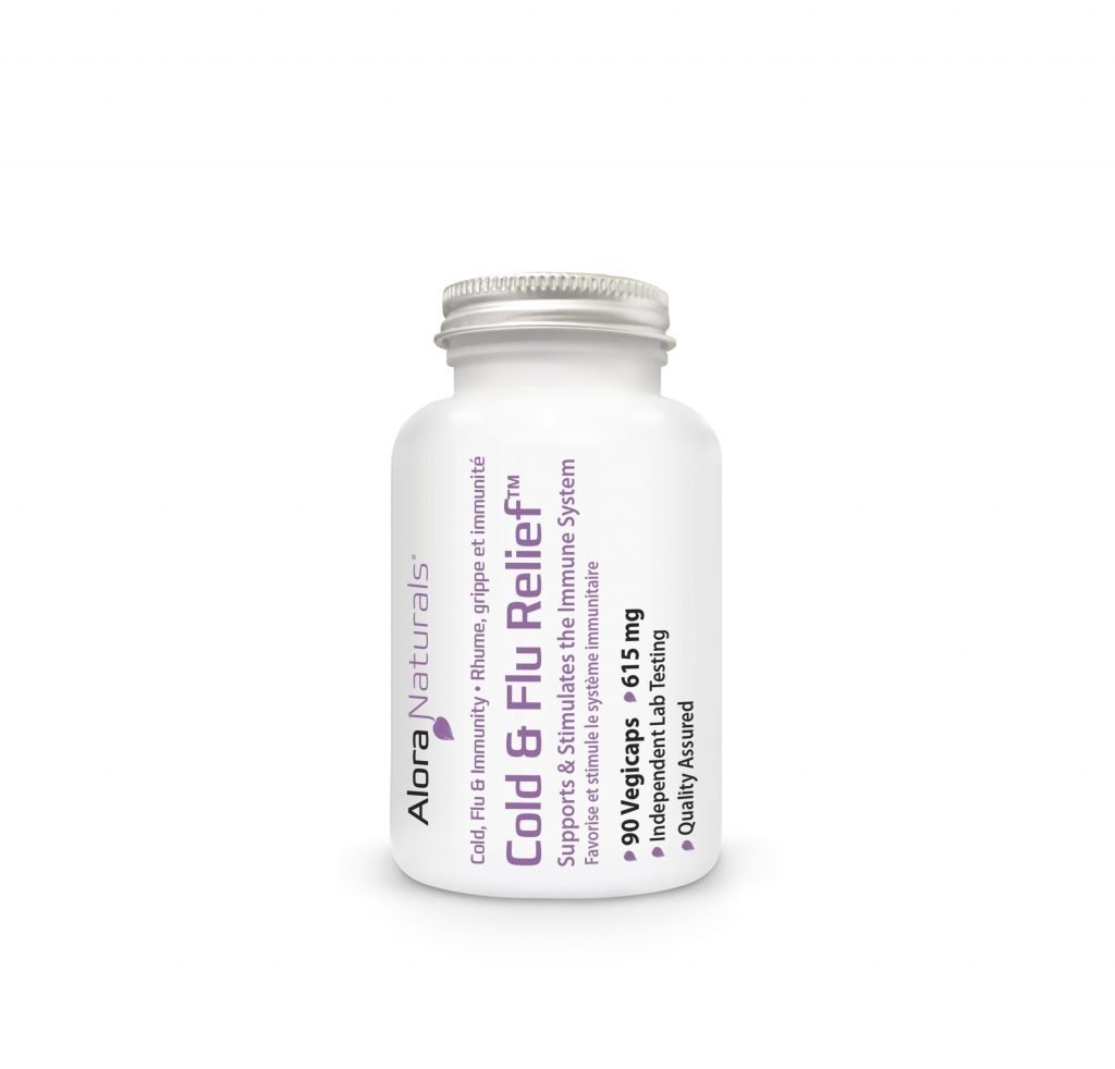 Alora Naturals Cold & Flu Relief 90 Cap bottle with purple text, featuring potent herbs to boost immunity and relieve cold and flu symptoms.