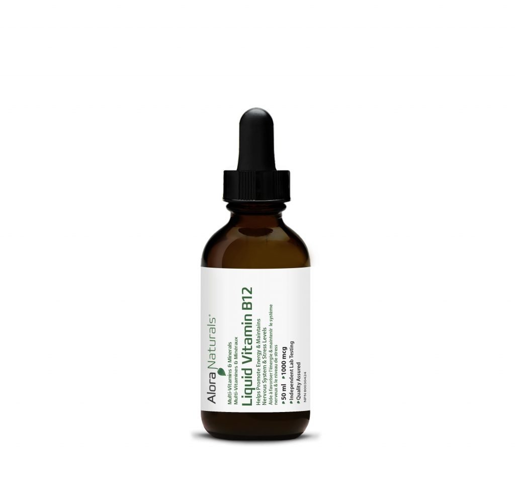 Alora Naturals Liquid Vitamin B12 bottle, supporting energy production and red blood cell formation, ideal for fitness enthusiasts seeking a science-backed supplement.