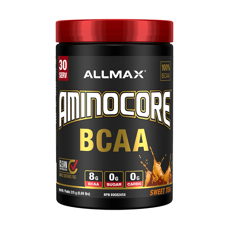 Allmax Aminocore 30 Serv, a black container with a red lid, offers 8.18g BCAA in a 9:6:5 ratio for optimal muscle growth.