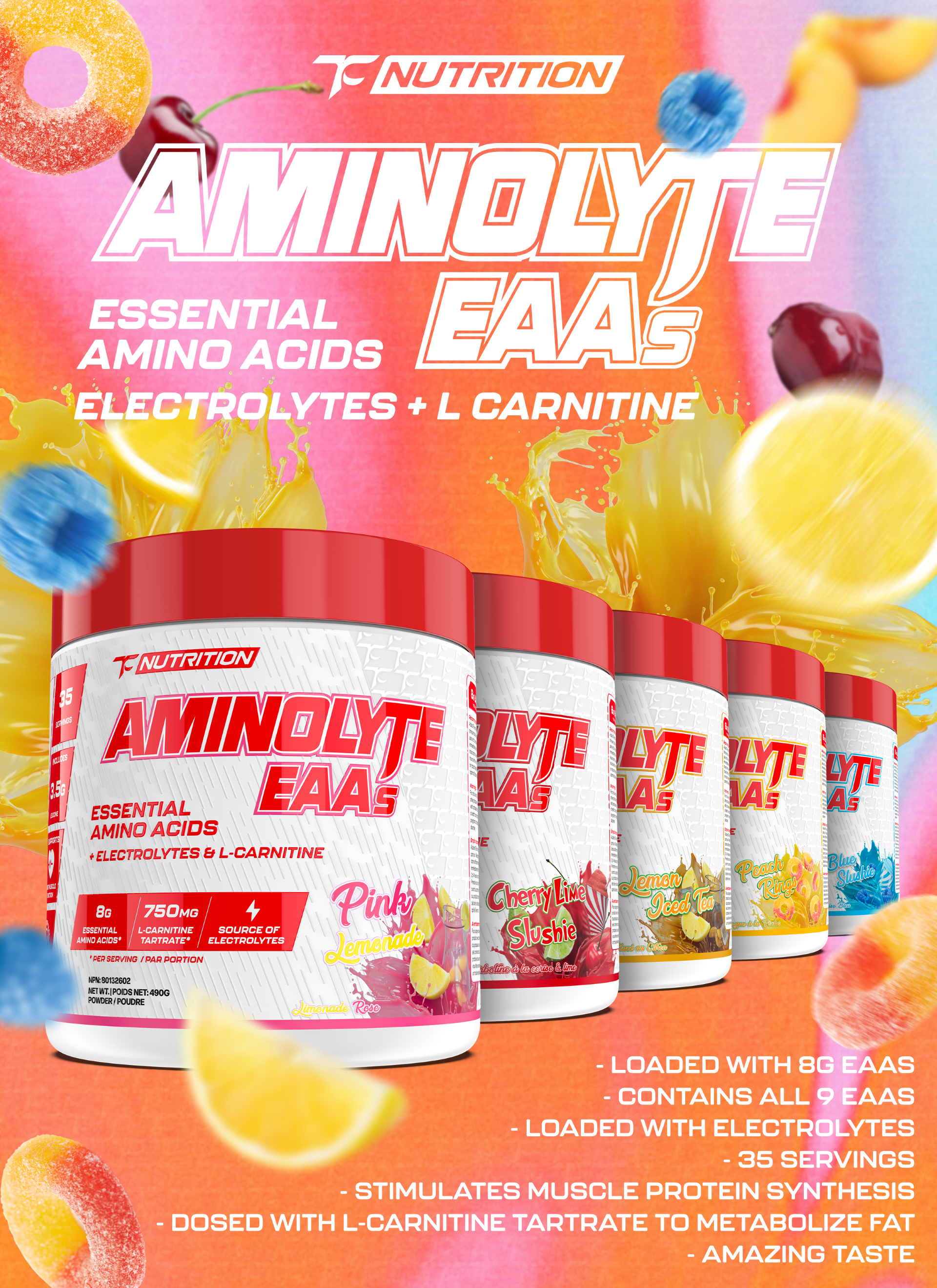 TC Nutrition Aminolyte EAA 35 Serv containers with red caps, featuring text and images, promote muscle recovery and hydration with essential amino acids and electrolytes.