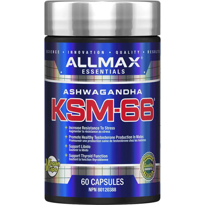 Allmax Ashwaganda KSM-66 supplement bottle, designed to enhance stress resistance, testosterone, libido, and thyroid function, available at Sector 6 Supplements.