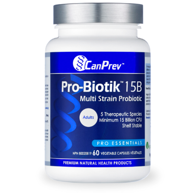 CanPrev Pro-Biotik 15B Multi-Strain Probiotic bottle with blue label, promoting gut health and immune support, available at Sector 6 Supplements.