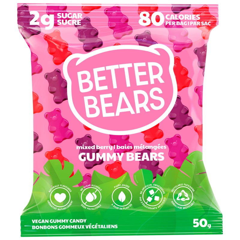 Better Bears vegan gummy bears in a bag, offering a low-sugar, high-fiber snack perfect for health-conscious individuals seeking indulgence without compromising their fitness goals.
