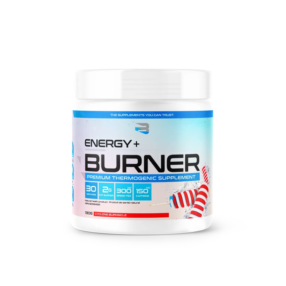 Believe Energy + Burner 30 Serv tub with Cyclone Burnsicle flavor, featuring fat-burning ingredients like caffeine and green tea, promoting metabolism, energy, and appetite suppression.