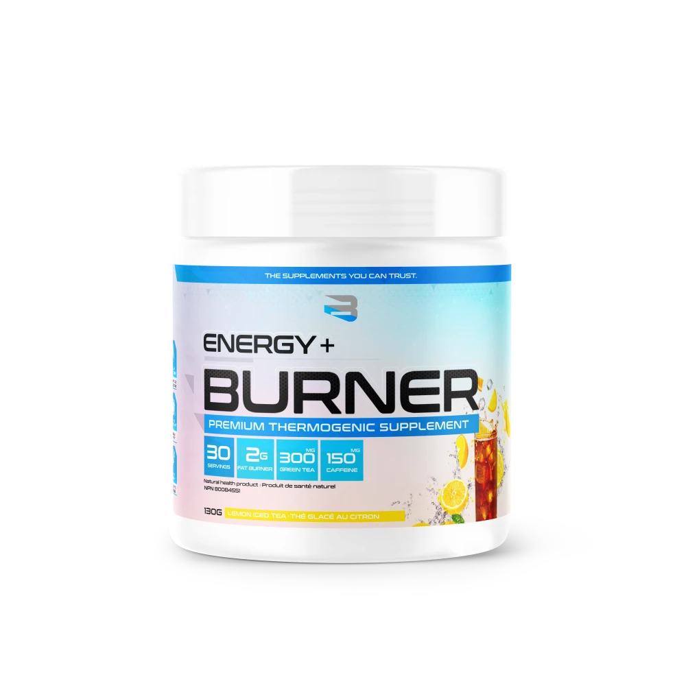 Believe Energy + Burner 30 Serv tub, lemon iced tea flavor, promotes metabolism, appetite control, and energy with caffeine, green tea, L-carnitine, and raspberry ketones.