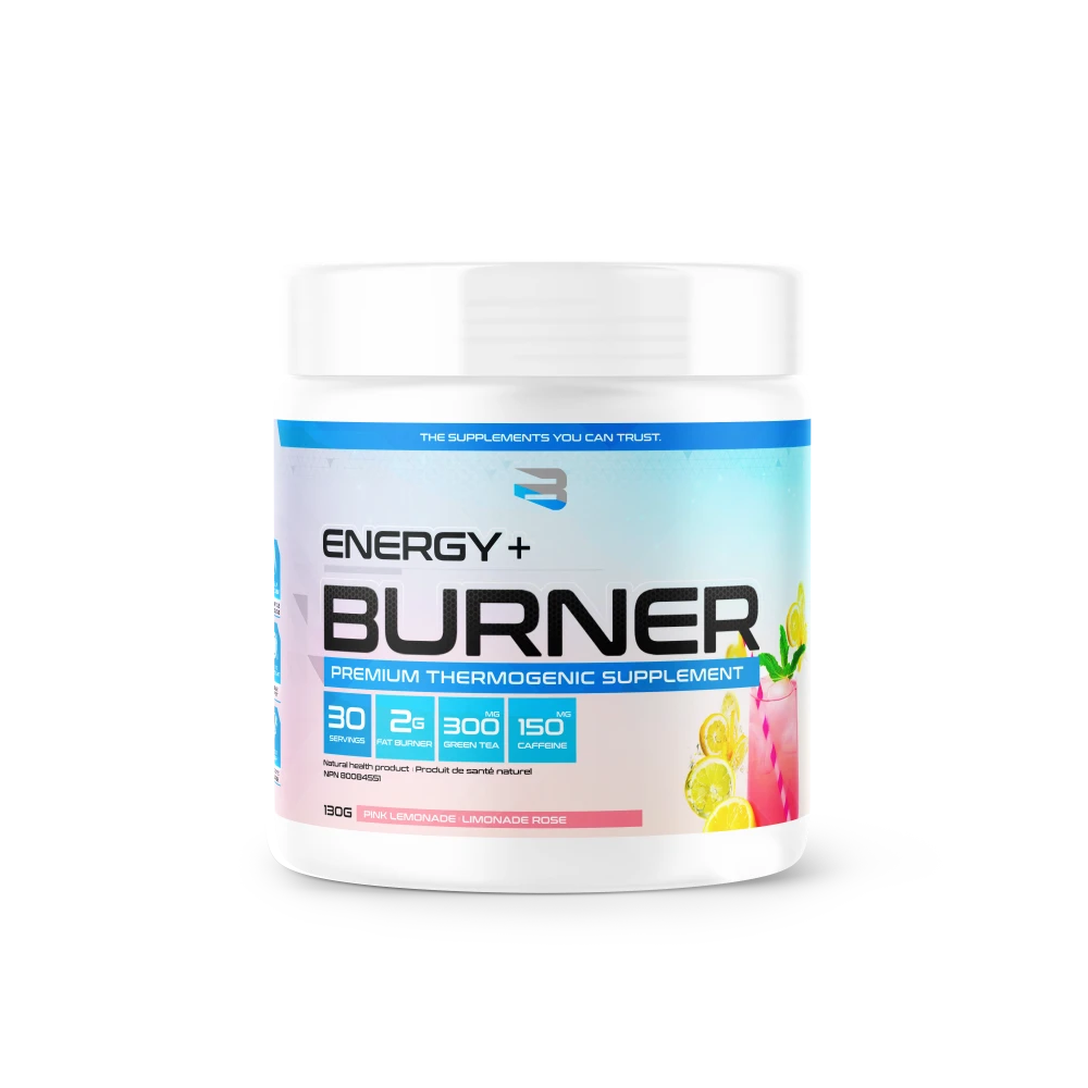 Believe Energy + Burner 30 Serv tub, Pink Lemonade flavor, highlights 2g fat-burner blend, 300mg green tea extract, 150mg caffeine, promotes metabolism, focus, and appetite suppression.