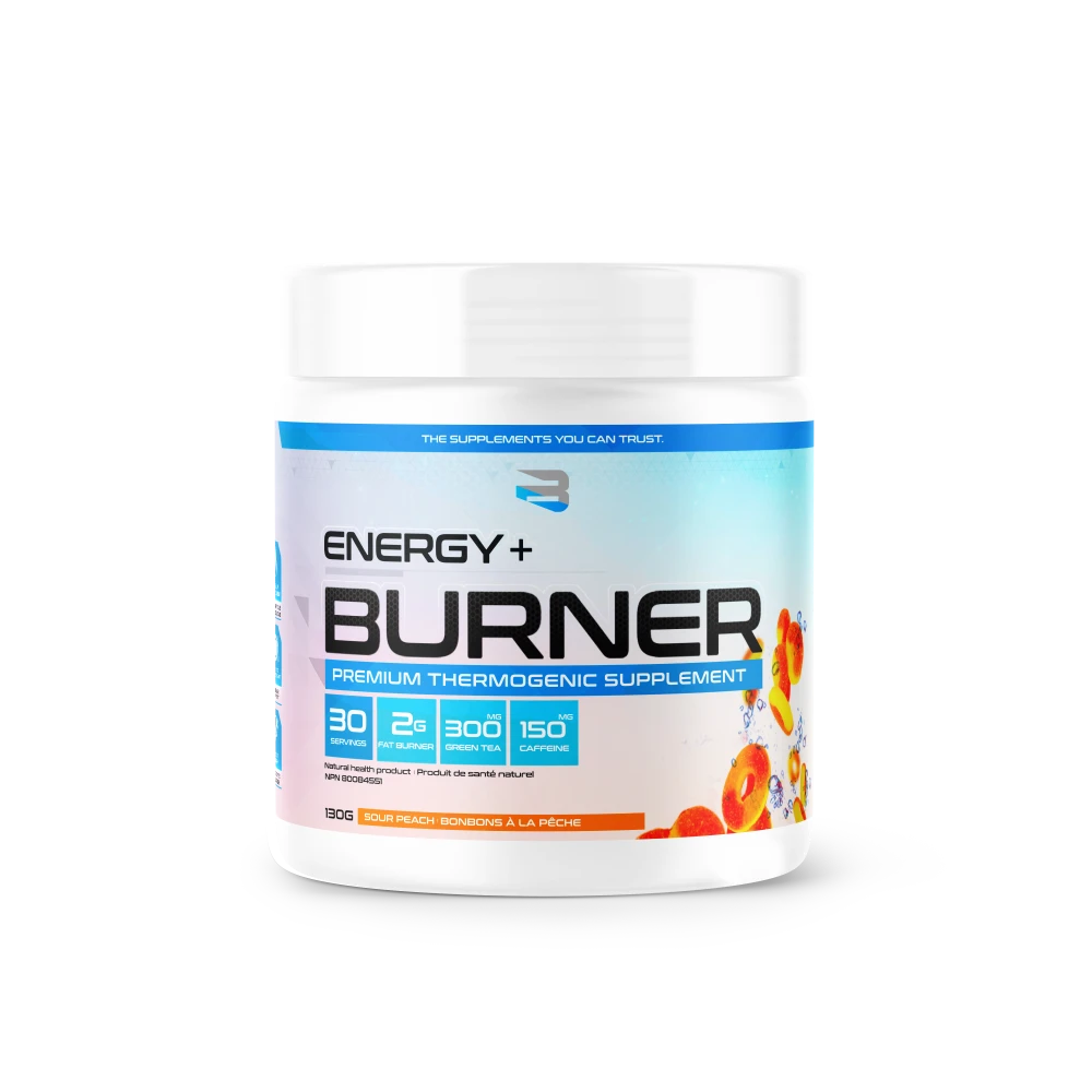 Believe Energy + Burner 30 Serv tub showcasing its fat-burning formula with green-tea extract, caffeine, and L-Carnitine, designed to boost metabolism and energy.