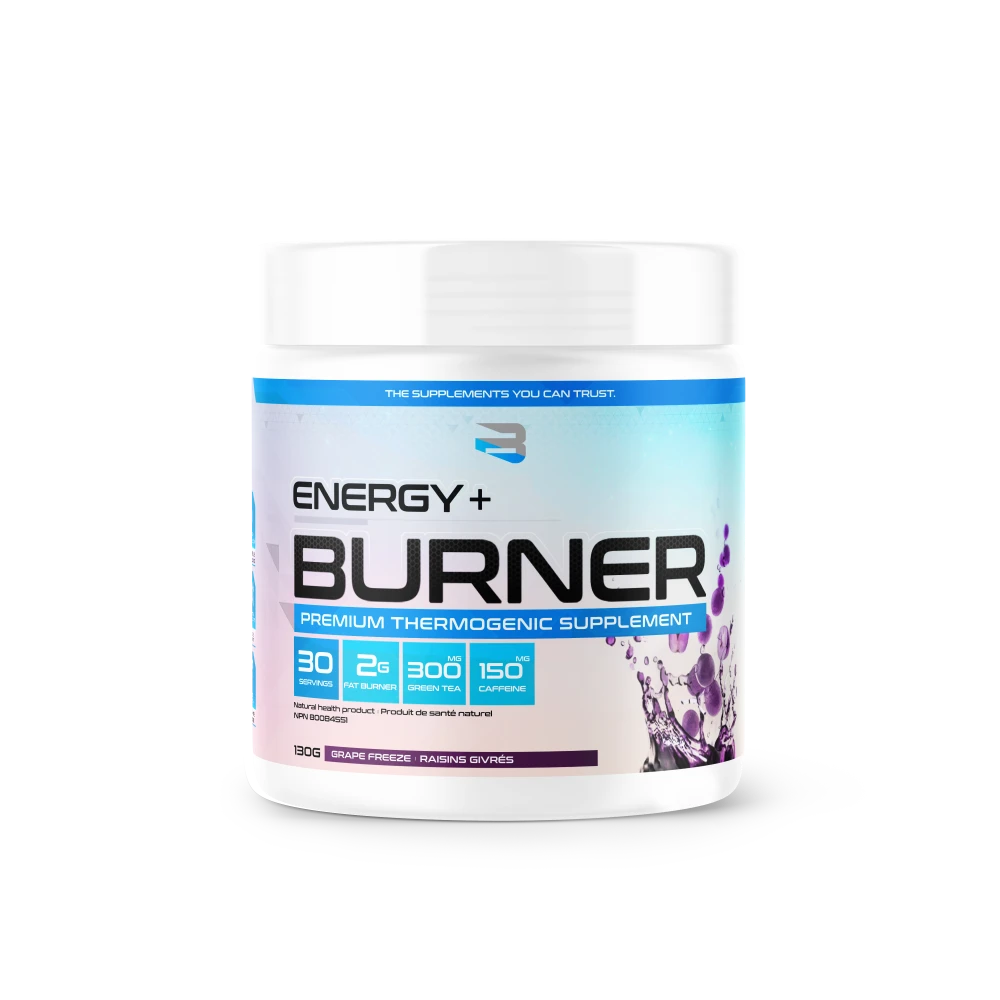 Believe Energy + Burner 30 Serv tub, labeled Premium Thermogenic Supplement, features Grape Freeze flavor, promoting metabolism, energy, and appetite control with ingredients like caffeine and green tea extract.