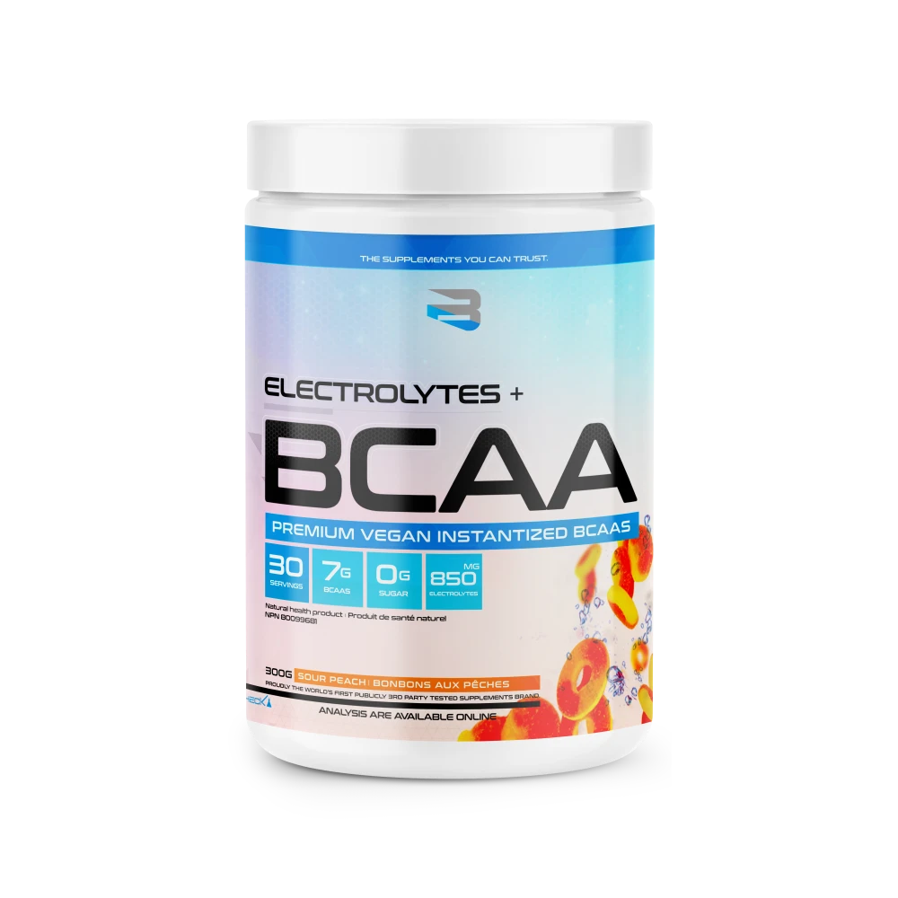 Believe Electrolytes + BCAA in a white container with a blue label, designed to enhance hydration, muscle recovery, and reduce soreness, offered by Sector 6 Supplements.