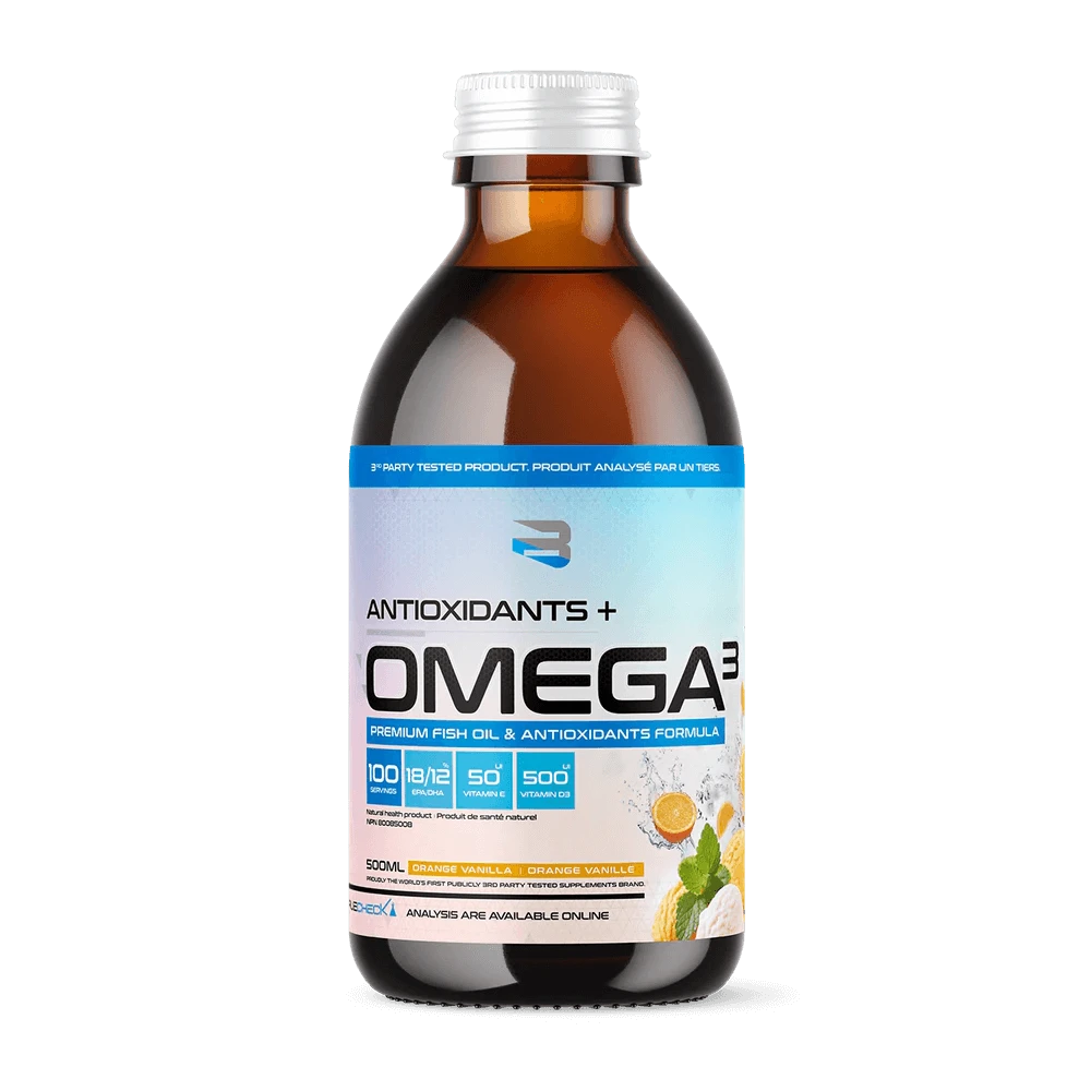 Antioxidants + Omega Liquid bottle with white cap, featuring omega-3 and vitamins D & E for brain, heart, and joint health, ideal for fitness enthusiasts.