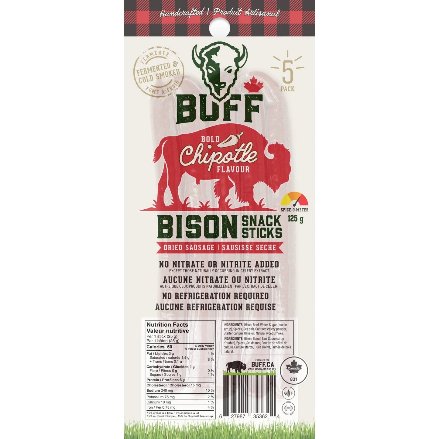 Buff Bison Snack Sticks (4 Pack) with chipotle flavor, featuring a buffalo logo and barcode, ideal for fitness enthusiasts seeking high-protein snacks.