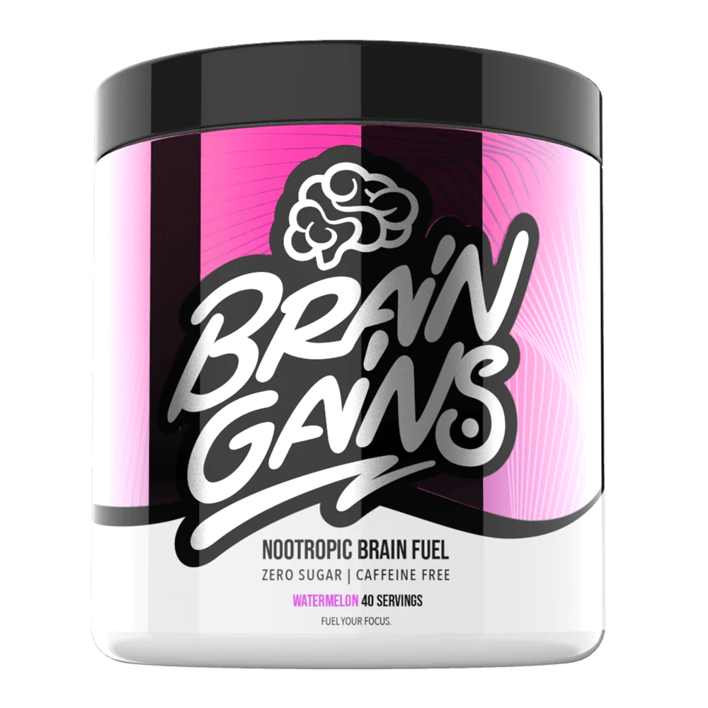 STACK3D Brain Gains nootropic brain fuel container, featuring a black lid and logo. Designed for enhanced focus and energy without sugar or caffeine.