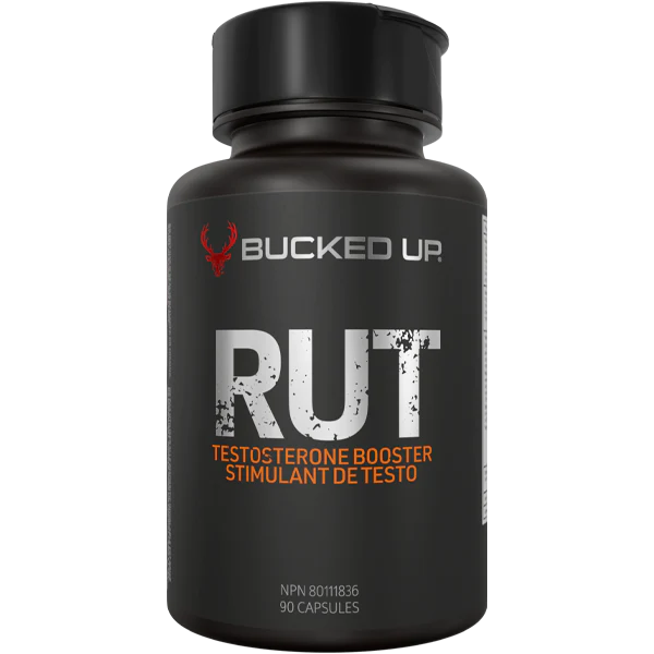 Bucked Up Rut Testosterone Booster in a black bottle, featuring white and orange text, designed to boost testosterone and enhance vitality with natural ingredients.