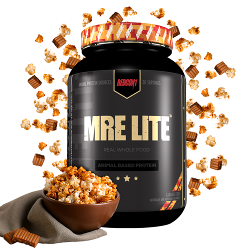 Redcon 1 MRE Lite 1.92lb jar, labeled with white text, alongside a bowl with popcorn, illustrating its nutritious, low-calorie meal replacement concept.