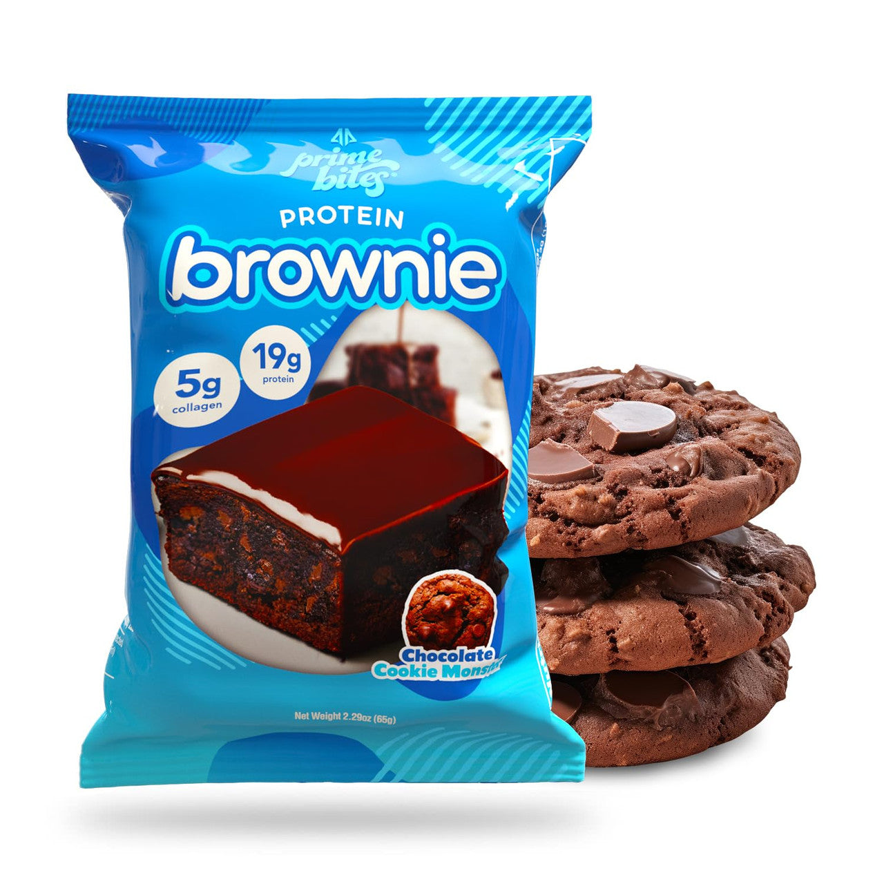 AP Prime Bites Protein Brownies 65g, a snack combining delicious taste with 19g protein and 5g collagen, resembling classic brownie cookies.