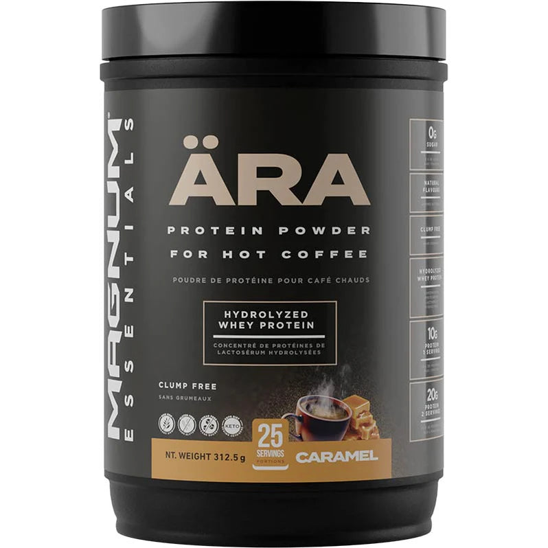 Magnum ARA Non-Creamer 312g: Black container of hydrolyzed whey protein powder, perfect for adding sweetness and protein to coffee or tea.