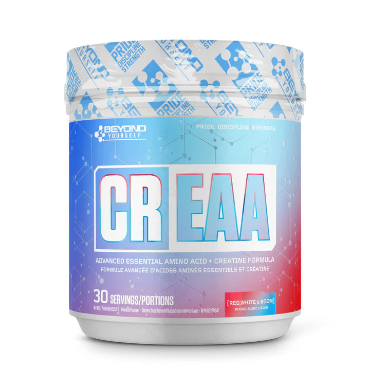 Beyond Yourself CrEAA supplement container, showcasing an all-in-one performance formula with creatine and EAAs for optimal recovery and muscle support.