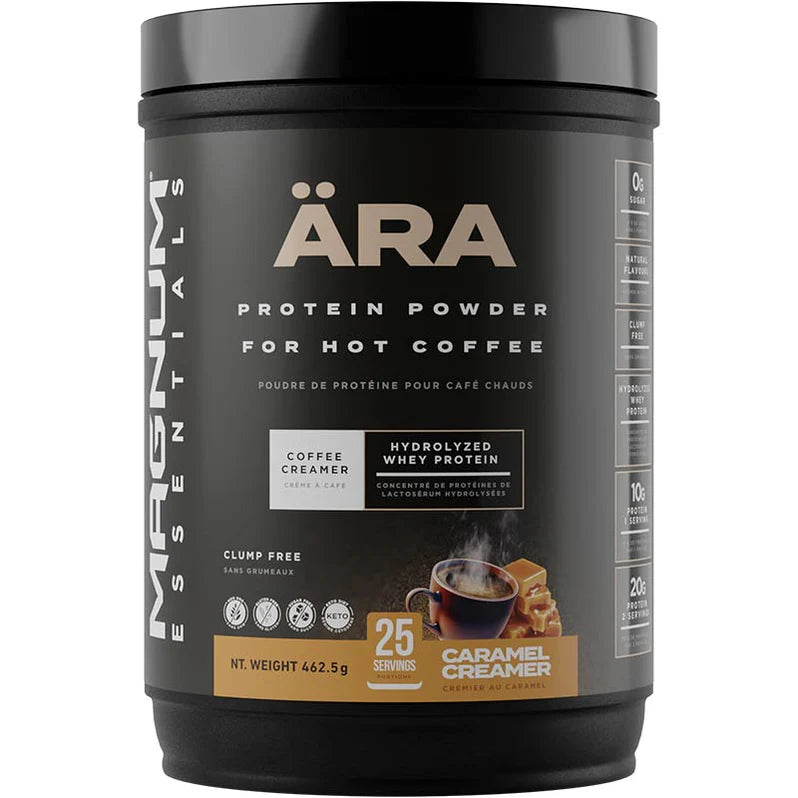Magnum ARA Creamer 462g, a black container, enhances beverages with 10g hydrolyzed whey protein, perfect for coffee or tea, offering a creamy, sugar-free boost.