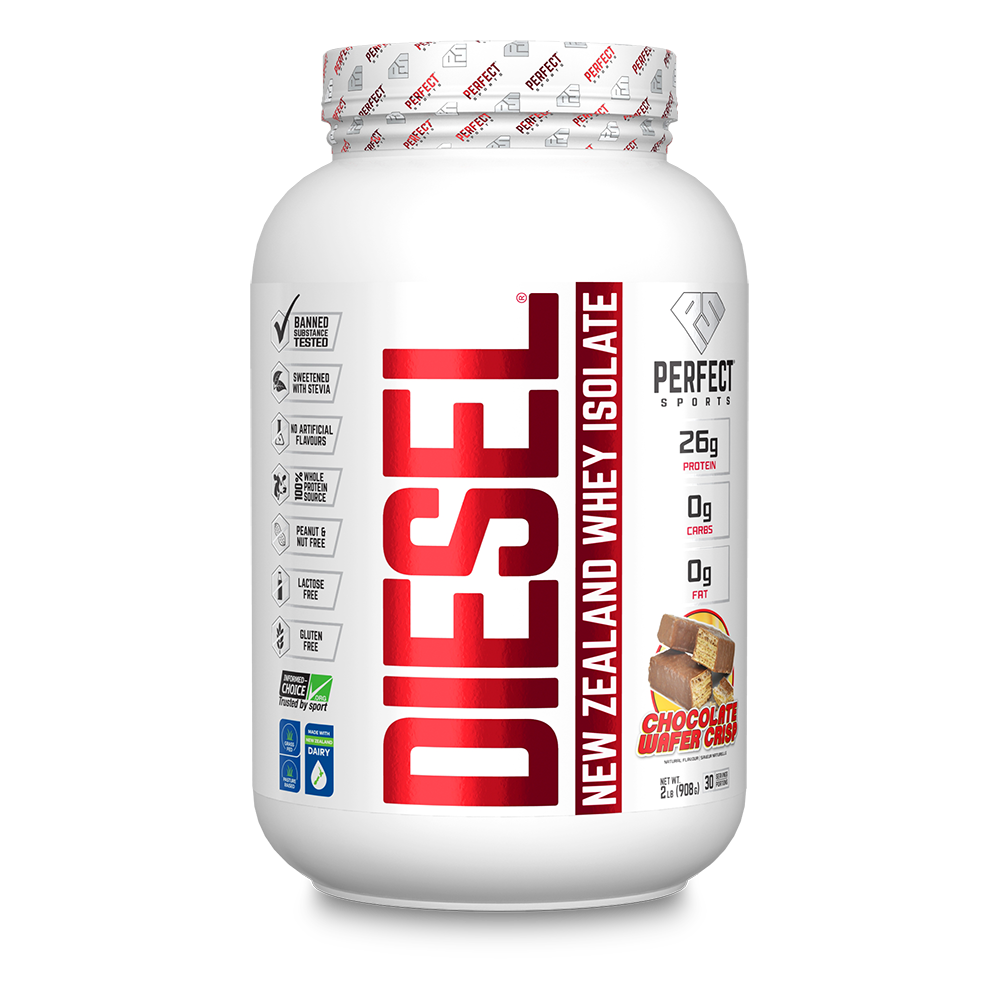 Perfect Sports Diesel 2lb whey protein isolate in a white container with red text, highlighting gluten-free, lactose-free, and sugar-free features, ideal for muscle enhancement.