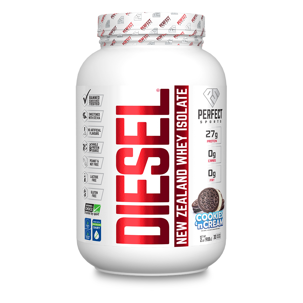 Perfect Sports Diesel 2lb whey protein in a white container with red and black text, highlighting its gluten-free and lactose-free formulation, ideal for muscle support and recovery.