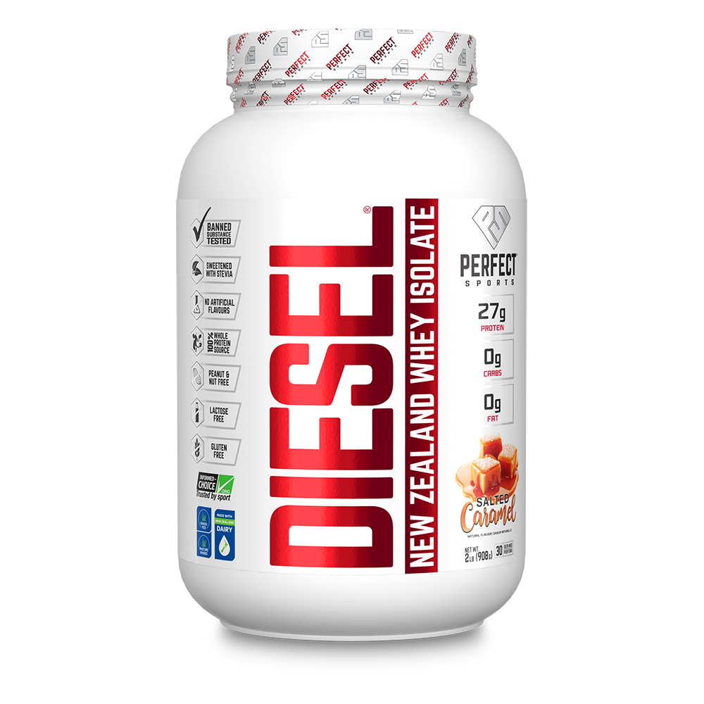 Perfect Sports Diesel 2lb whey protein isolate in a white bottle with red text, emphasizing fat-free, gluten-free, and lactose-free features for fitness enthusiasts.