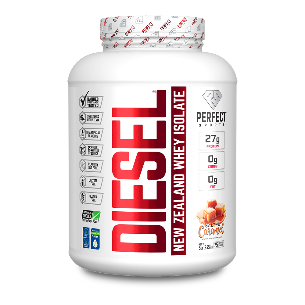 Perfect Sports Diesel 5lb whey protein isolate in a white container with red text, featuring gluten-free, lactose-free, and sugar-free labels, ideal for fitness enthusiasts.