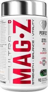 Perfect Sports Ultra Mag-Z supplement tub features 90 vegan capsules, offering 2,725 mg magnesium blend, 71% elemental magnesium, and vitamins D₃ and K₂ for strength and vitality.