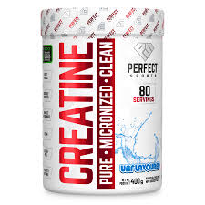 Perfect Sports Creatine container, 400g unflavoured micronized creatine monohydrate powder, about 80 servings, ideal for enhancing fitness and training.