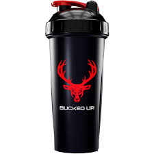 Bucked Up Shaker with red lid, featuring a red deer-head logo and BUCKED UP text, ideal for mixing fitness supplements.