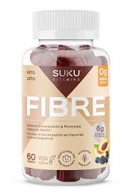 SUKU Fibre dietary supplement gummies in a clear plastic bottle with a white lid, showcasing dark-red heart-shaped gummies. Key features: 0g sugar, keto-friendly, vegan, 60 count.
