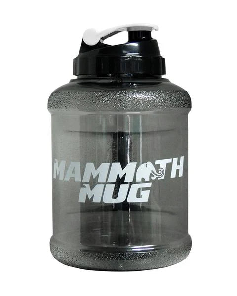 Mammoth Mug 2.5L water bottle with redesigned lid, straw, wrist lanyard, wide mouth, and engraved scale for tracking intake, ideal for fitness enthusiasts.