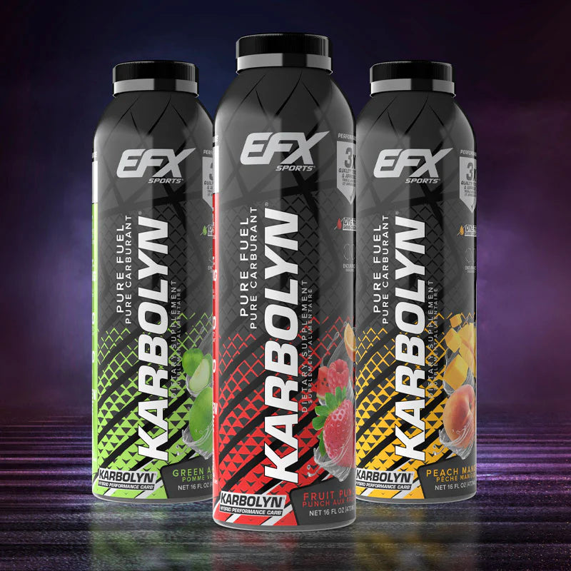 Three 16 fl oz bottles of Karbolyn Fuel RTD by EFX Sports, showcasing Green Apple, Fruit Punch, and Peach Mango flavors, as a fast-acting carbohydrate supplement.