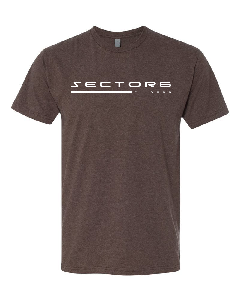 Sector 6 Tee: Brown t-shirt featuring white text, designed for fitness enthusiasts seeking high-performance activewear.