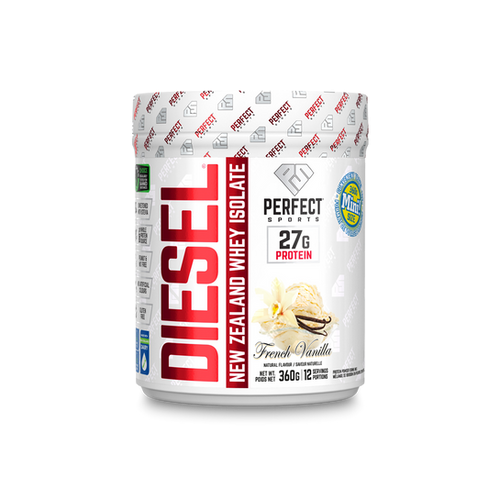 Diesel 360g protein powder can with red text, showcasing New Zealand Whey Isolate, supporting muscle recovery and growth, available at Sector 6 Supplements.