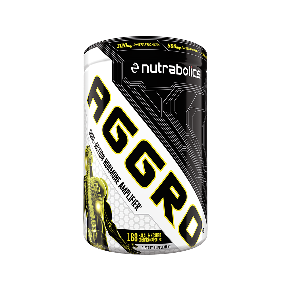 Nutrabolics Aggro protein powder can, dual-action hormone amplifier boosting testosterone and insulin response, enhancing muscle growth, visible in a tin can with clear labeling.