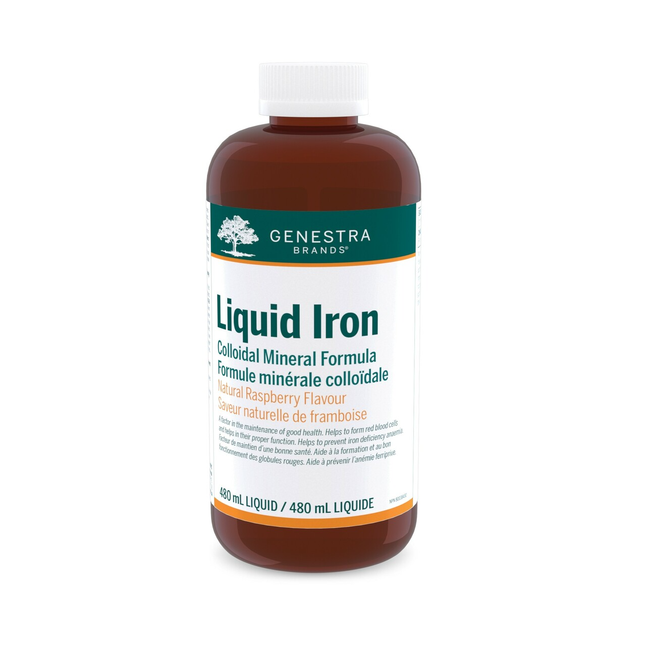 Genestra Liquid Iron 240ml bottle with a white label, offering 15mg of bioavailable iron per teaspoon for enhanced absorption, in a vegan-friendly raspberry vanilla flavor.