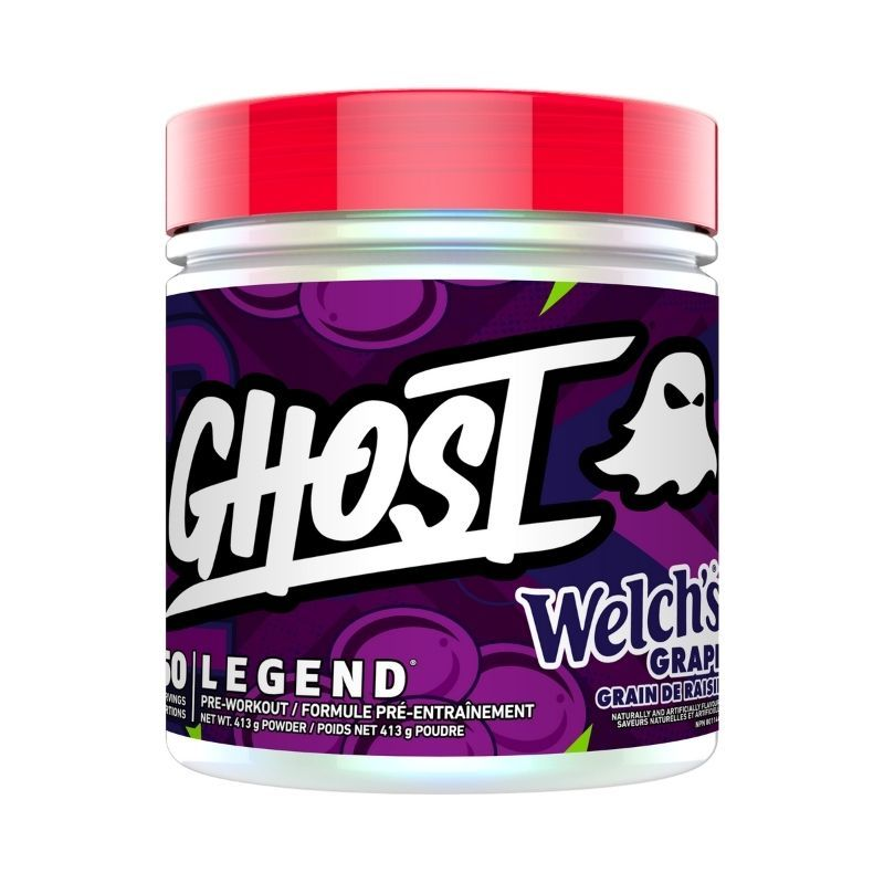 GHOST LEGEND V2 Pre-Workout 50 servings in a plastic container with a label, highlighting its transparent formula and versatile serving options.