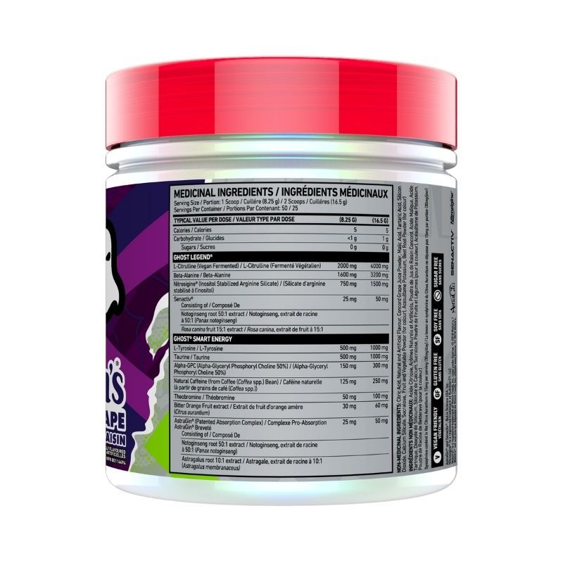 GHOST Legend V2 Pre-Workout jar close-up, highlighting 50 servings and vegan-friendly formula with L-Citrulline and Beta-Alanine for enhanced energy and focus.