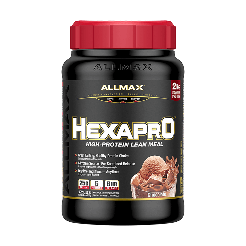 Allmax Hexa Pro 2lb protein supplement in a black container with a red lid, featuring a label promoting its gluten-free, 6-protein blend for sustained muscle support.