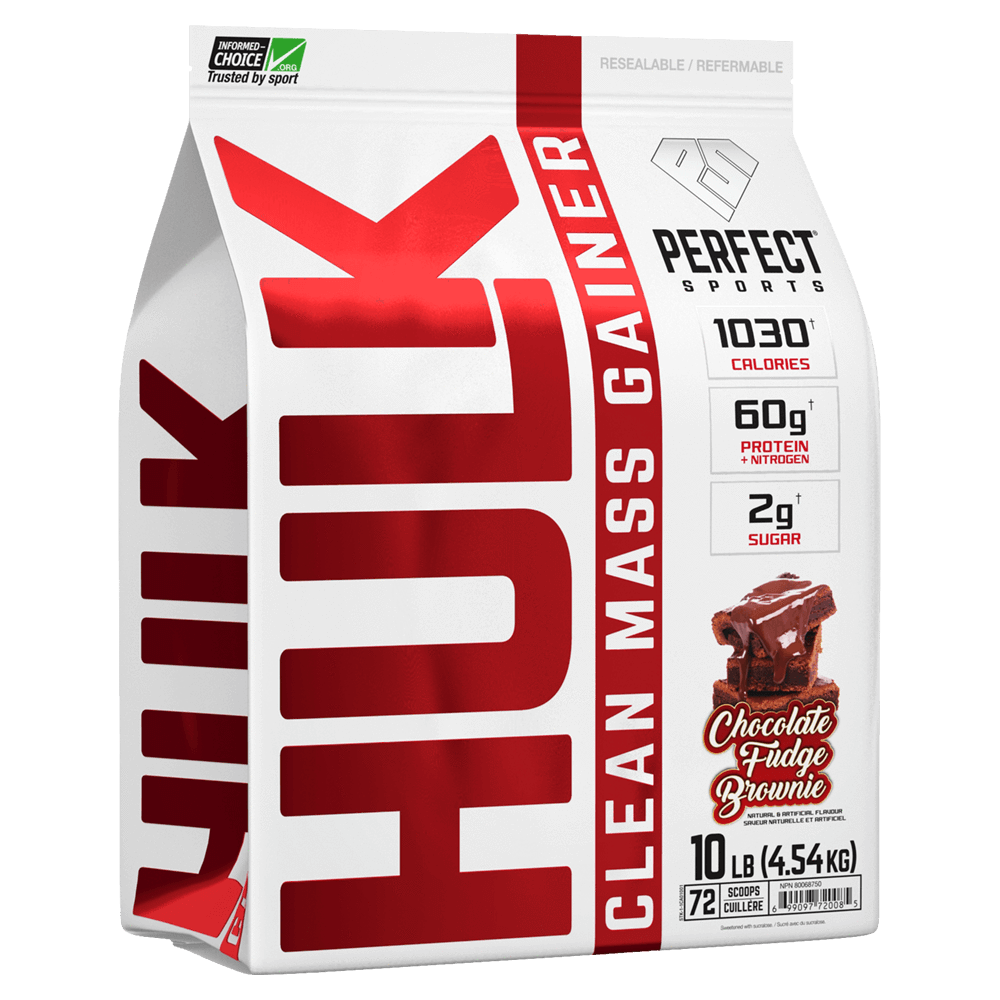 Perfect Sports HULK 10lb protein bag, featuring red text and a stack of brownies, offering high-quality, time-released protein for muscle growth and repair.