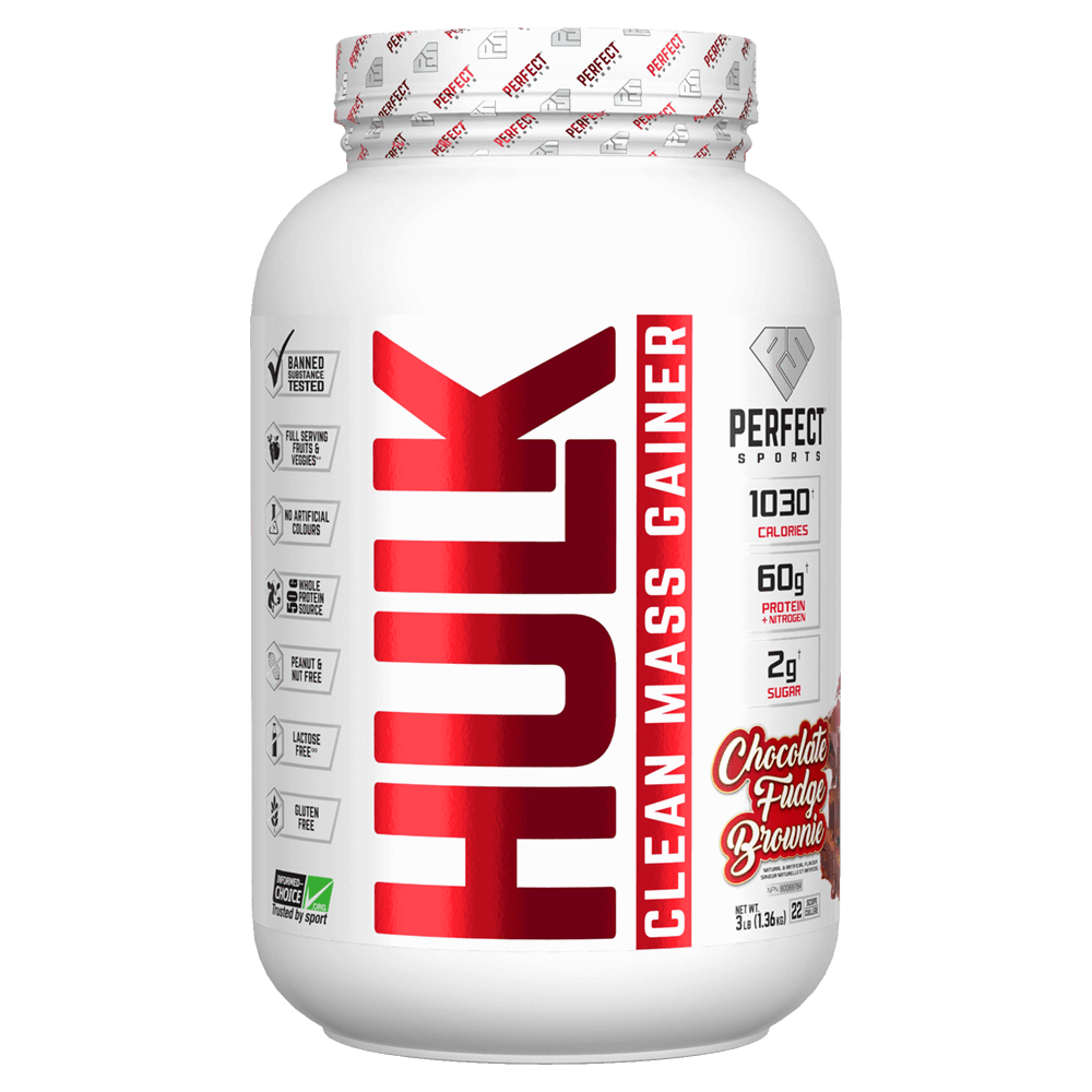 Perfect Sports HULK 3lb jar with red text, designed for muscle growth, featuring a time-released protein matrix and amino acid complex.