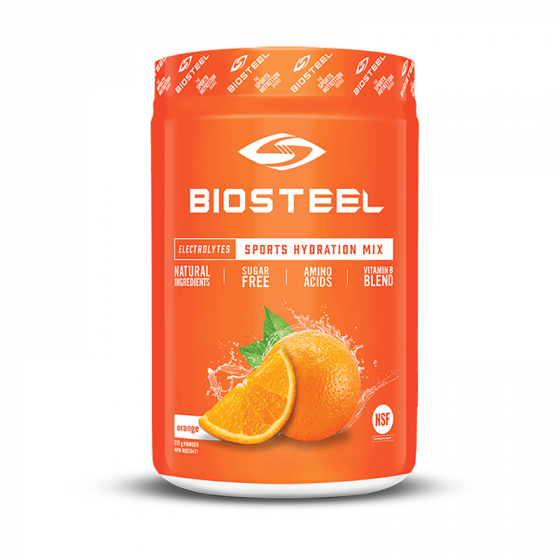 Biosteel High Performance Sports Mix 45 Serv container with orange fruit, offering hydration, electrolytes, and energy without sugar or caffeine, ideal for athletes and fitness enthusiasts.