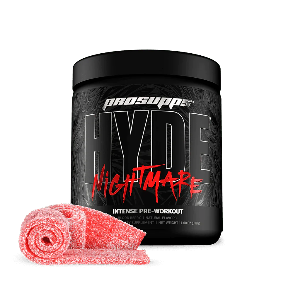 ProSupps Hyde Nightmare 30 Serv pre-workout powder in a black container, featuring a red candy roll design, formulated for high-performance athletes.