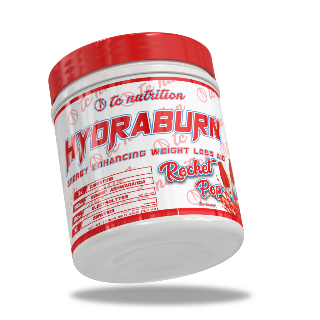 TC Nutrition Hydraburn 30 Serv container with red lid, highlighting its role as an energy-boosting, weight-loss supplement with electrolytes and mood-enhancing ingredients.